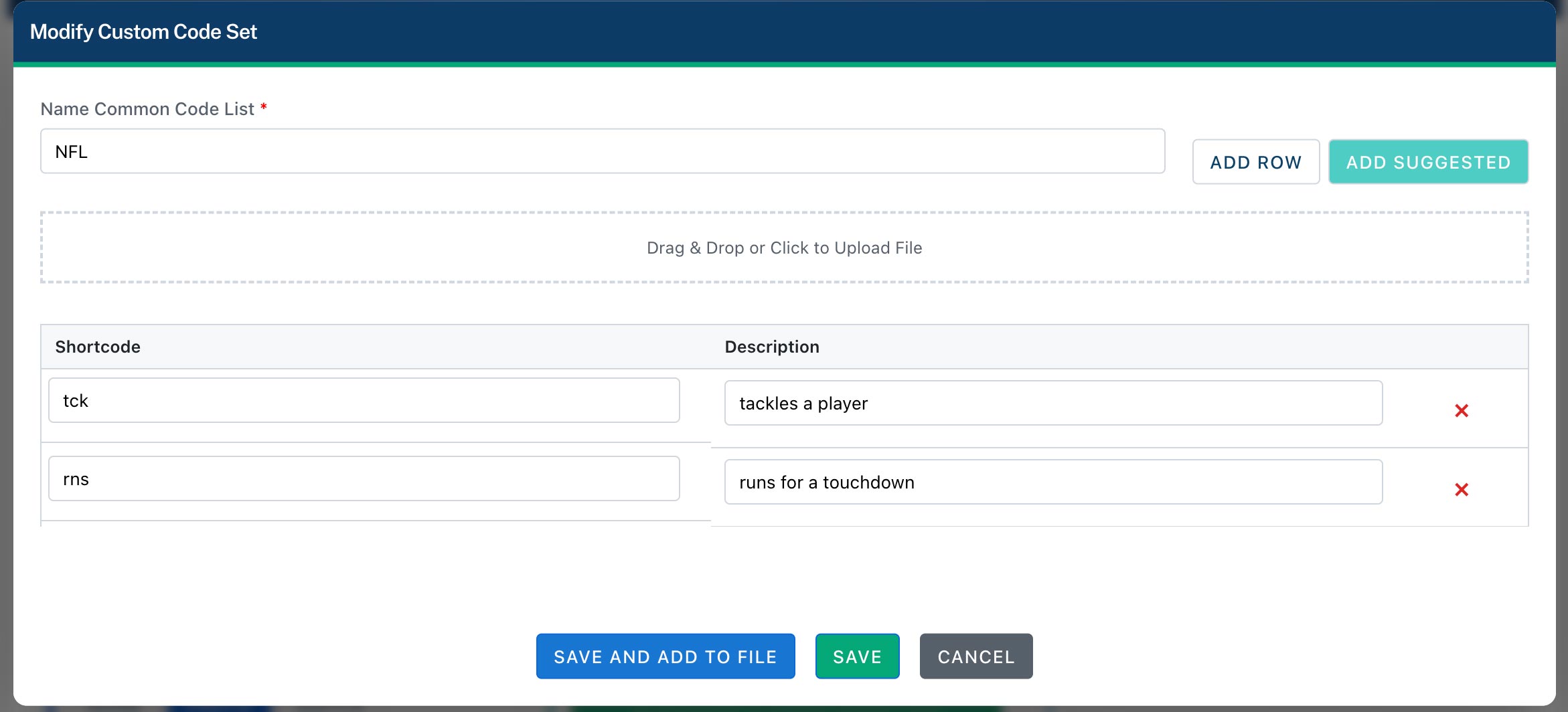 Adding codes from the suggested library