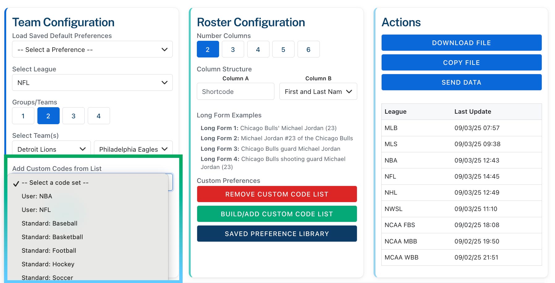 Add Custom Codes dropdown