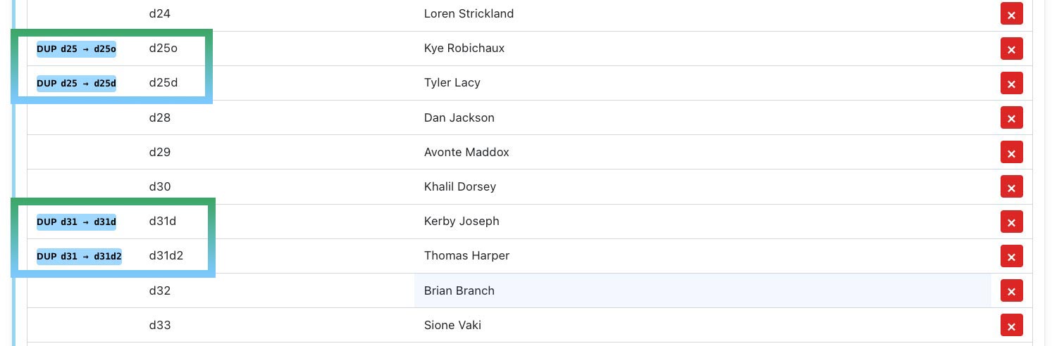 Roster showing duplicate handling with blue indicators