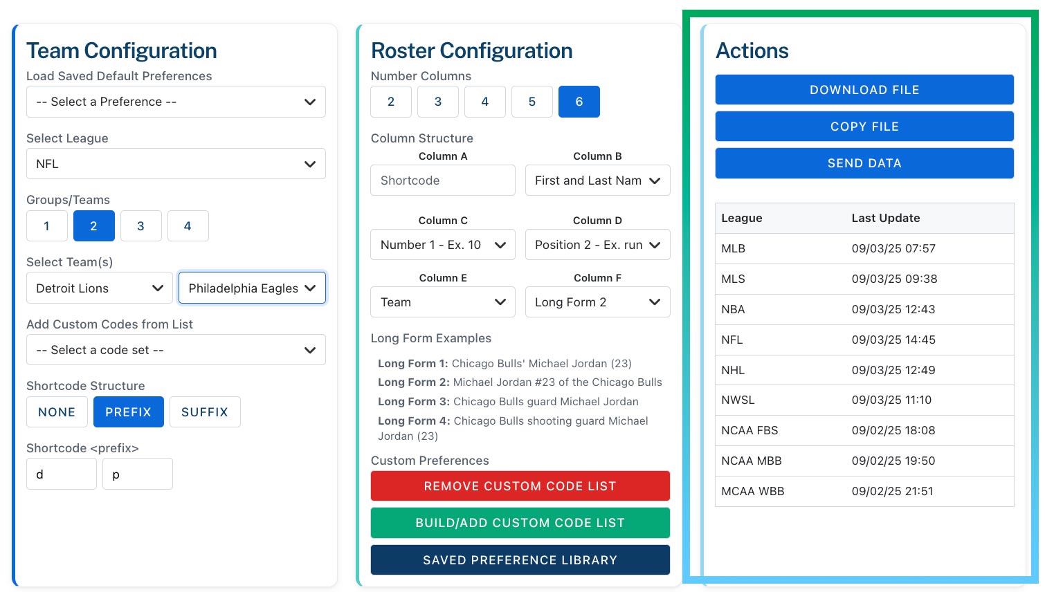 Export action buttons