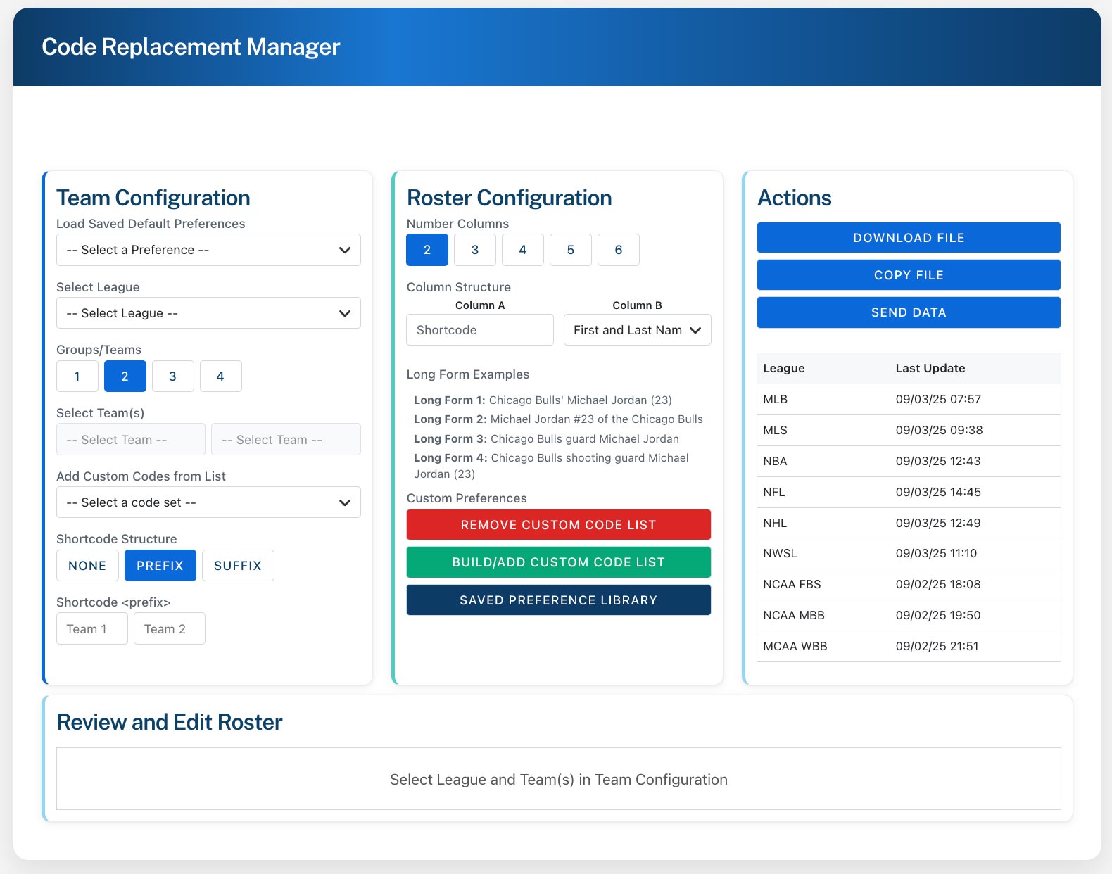 Code Replacement Manager layout overview with sections highlighted