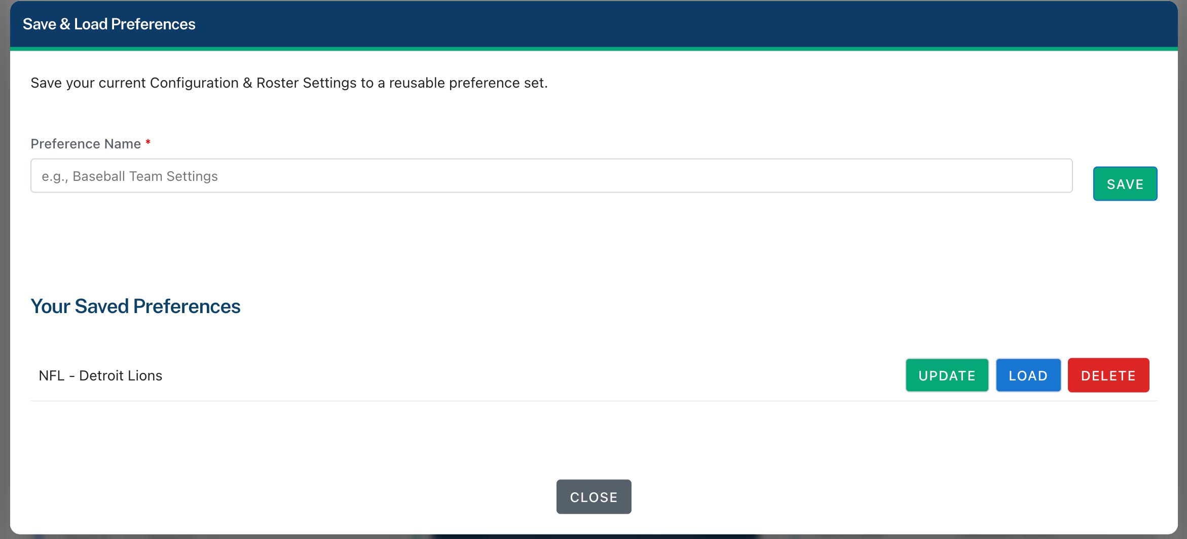 Load Saved Default Preferences dropdown