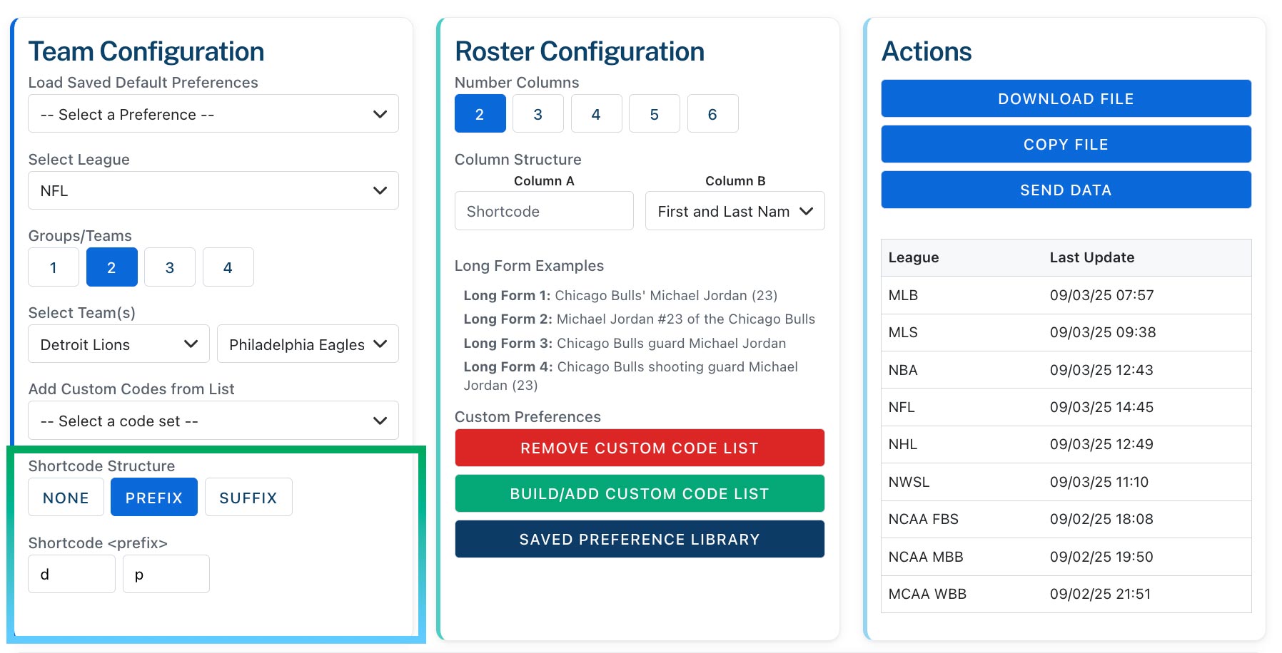 Short Code and Column Structure settings