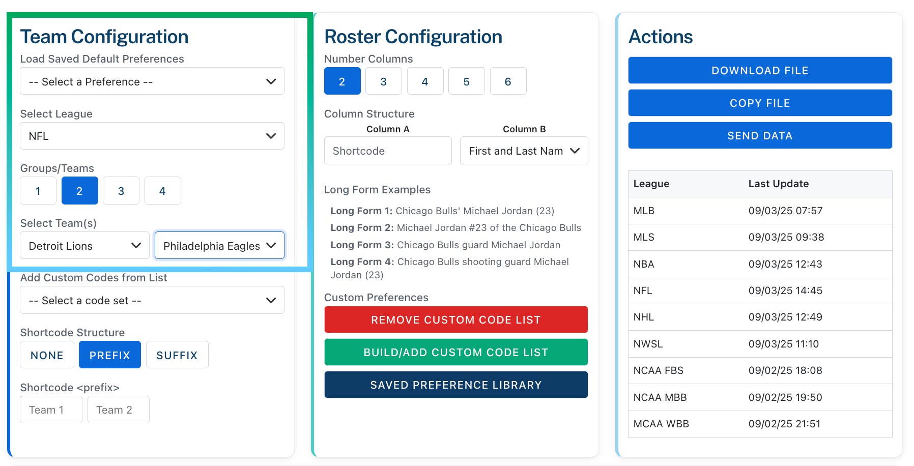 League and team dropdown menus