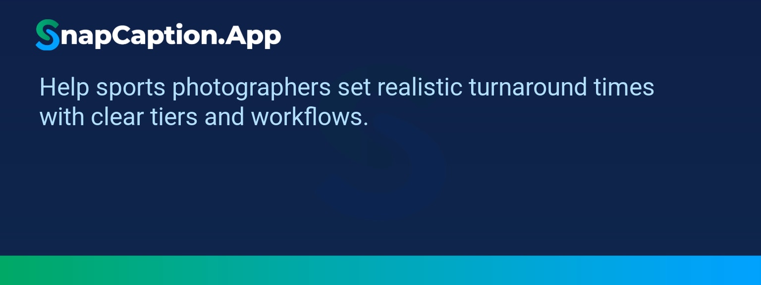 Sports photographer editing images on laptop with Client Turnaround Times schedule and delivery options visible